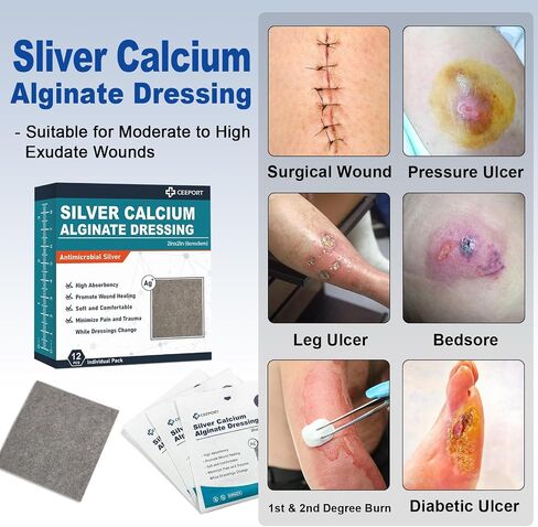 2 "x 2" Ag Silver Calcium Alginate Wound Dressing Pads, 12 Individual Pack Highly Absorbent Painless Removal Dressing, Soft Silver Dressings for Wound Care, Non-Stick Gauze Pads for Wounds in Kuwait