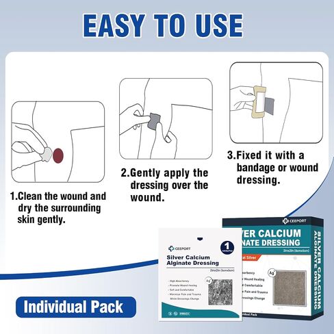 2 "x 2" Ag Silver Calcium Alginate Wound Dressing Pads, 12 Individual Pack Highly Absorbent Painless Removal Dressing, Soft Silver Dressings for Wound Care, Non-Stick Gauze Pads for Wounds in Kuwait