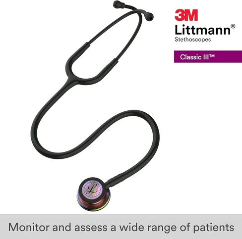3M 5870 Littmann Classic III سماعة طبية لمراقبة قطعة الصدر بلمسة نهائية قوس قزح مع أنبوب أسود مقاس 27 بوصة وساق أسود وسماعة رأس in Kuwait