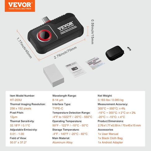 VEVOR Thermal Imaging Camera, 240x180 IR Resolution with 2MP Visual Camera, 20Hz Refresh Rate Infrared Camera with -4℉~1022℉ Temperature Range, 64G Built-in SD Card and Rechargeable Li-ion Battery in Saudi Arabia