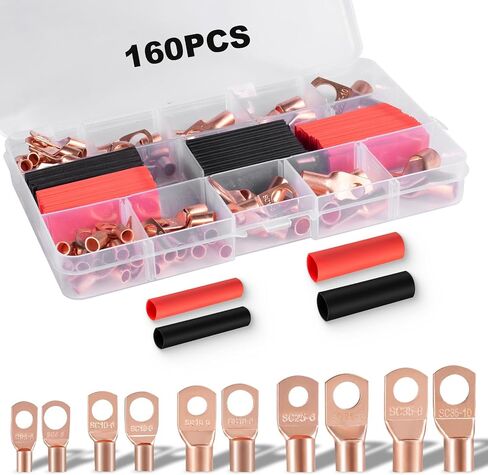 160PCS Copper Wire Lugs, Heavy Duty Battery Cable Ends, AWG 8 4 2 6 10 Gauge Wire Connectors with 80PCS Heat Shrink Tubing Kit in Saudi Arabia