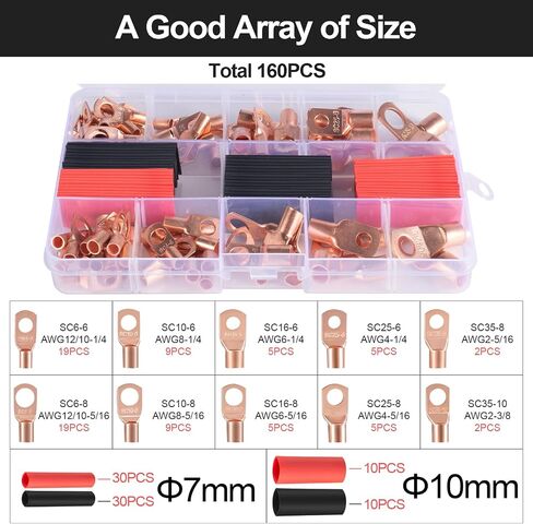 160PCS Copper Wire Lugs, Heavy Duty Battery Cable Ends, AWG 8 4 2 6 10 Gauge Wire Connectors with 80PCS Heat Shrink Tubing Kit in Saudi Arabia