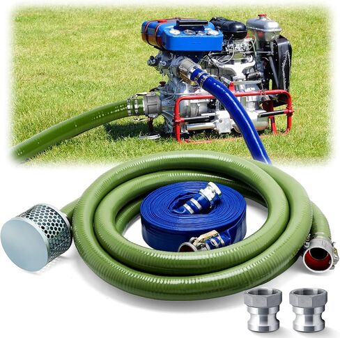 Discharge Hose Pump Kit Includes PVC 2" x 60' Blue Backwash Hose, Green Suction Hoses Trash Pump with Aluminum Camlock Fitting, Steel Round Hole Suction Strainer and Cam and Groove Adapter(2" X 20') in Saudi Arabia