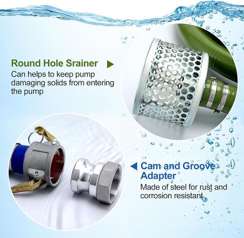 Discharge Hose Pump Kit Includes PVC 2" x 60' Blue Backwash Hose, Green Suction Hoses Trash Pump with Aluminum Camlock Fitting, Steel Round Hole Suction Strainer and Cam and Groove Adapter(2" X 20') in Saudi Arabia