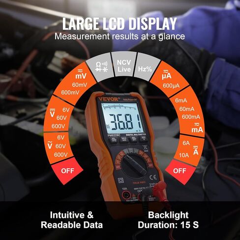 VEVOR Digital Multimeter, 6000 Counts, Multimeter Tester DC AC Voltmeter NCV, Ohm Volt Amp Tester, for Voltage Current Resistance Capacitance Continuity Diode Temperature Duty Ratio Frequency TRMS in Saudi Arabia