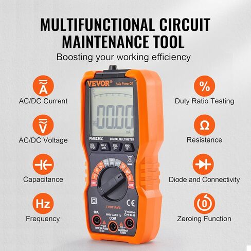 VEVOR Digital Multimeter, 6000 Counts, Multimeter Tester DC AC Voltmeter NCV, Ohm Volt Amp Tester, for Voltage Current Resistance Capacitance Continuity Diode Temperature Duty Ratio Frequency TRMS in Saudi Arabia