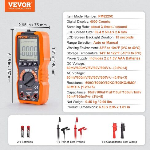 VEVOR Digital Multimeter, 6000 Counts, Multimeter Tester DC AC Voltmeter NCV, Ohm Volt Amp Tester, for Voltage Current Resistance Capacitance Continuity Diode Temperature Duty Ratio Frequency TRMS in Saudi Arabia