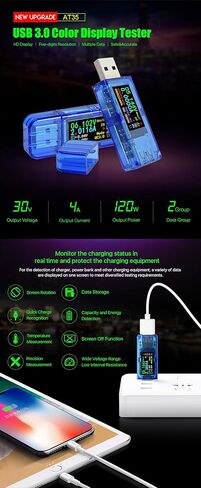 USB 3.0 Power Meter Tester AT35 USB Load Digital Multimeter Current Tester Voltage Detector DC 30.00V 4.000A Test Speed of Charger Cables QC 2.0/3.0 AP 2.4A (AT35+Load) in Kuwait