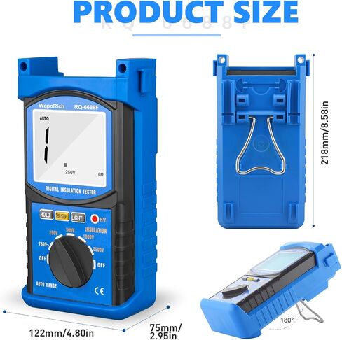 جهاز اختبار مقاومة العزل الرقمي Megohmmeter 200 جيجا أوم 500 فولت/1 كيلو فولت/2.5 كيلو فولت/5 كيلو فولت، نطاق الجهد التلقائي، جهاز اختبار المقاومة مع شاشة LCD عدد 1999، حامل البيانات، ضوء خلفي-RQ-6688B (برتقالي) in Kuwait