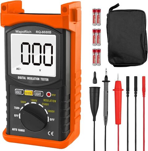 جهاز اختبار مقاومة العزل الرقمي Megohmmeter 200 جيجا أوم 500 فولت/1 كيلو فولت/2.5 كيلو فولت/5 كيلو فولت، نطاق الجهد التلقائي، جهاز اختبار المقاومة مع شاشة LCD عدد 1999، حامل البيانات، ضوء خلفي-RQ-6688B (برتقالي) in Kuwait