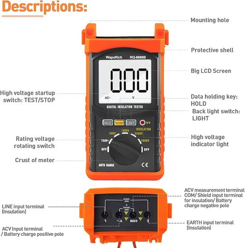 جهاز اختبار مقاومة العزل الرقمي Megohmmeter 200 جيجا أوم 500 فولت/1 كيلو فولت/2.5 كيلو فولت/5 كيلو فولت، نطاق الجهد التلقائي، جهاز اختبار المقاومة مع شاشة LCD عدد 1999، حامل البيانات، ضوء خلفي-RQ-6688B (برتقالي) in Kuwait