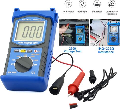 جهاز اختبار مقاومة العزل الرقمي Megohmmeter 200 جيجا أوم 500 فولت/1 كيلو فولت/2.5 كيلو فولت/5 كيلو فولت، نطاق الجهد التلقائي، جهاز اختبار المقاومة مع شاشة LCD عدد 1999، حامل البيانات، ضوء خلفي-RQ-6688B (برتقالي) in Kuwait