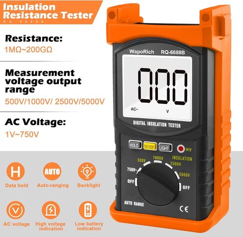 جهاز اختبار مقاومة العزل الرقمي Megohmmeter 200 جيجا أوم 500 فولت/1 كيلو فولت/2.5 كيلو فولت/5 كيلو فولت، نطاق الجهد التلقائي، جهاز اختبار المقاومة مع شاشة LCD عدد 1999، حامل البيانات، ضوء خلفي-RQ-6688B (برتقالي) in Kuwait