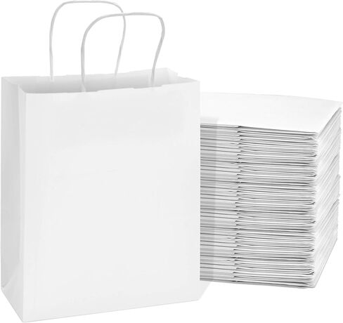 Prime Line Packaging 8x4x10 Small 50 Pack White Paper Bags with Handles, Shopping Bags for Small Business, Retail, Boutique, Party Favor Gift Bags Bulk in Saudi Arabia