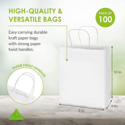 Prime Line Packaging 8x4x10 Small 50 Pack White Paper Bags with Handles, Shopping Bags for Small Business, Retail, Boutique, Party Favor Gift Bags Bulk in Saudi Arabia