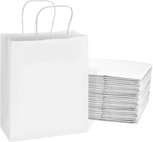 عبوة برايم لاين مقاس 8 × 4 × 10 صغيرة مكونة من 50 كيسًا ورقيًا أبيض بمقابض، وحقائب تسوق للأعمال الصغيرة، والتجزئة، والبوتيك، وحقائب هدايا للحفلات بالجملة in Kuwait