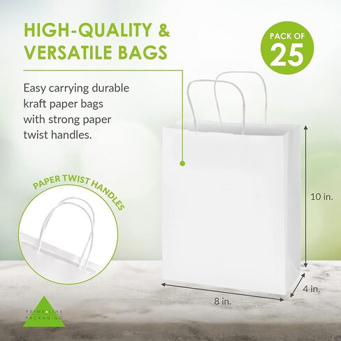 عبوة برايم لاين مقاس 8 × 4 × 10 صغيرة مكونة من 50 كيسًا ورقيًا أبيض بمقابض، وحقائب تسوق للأعمال الصغيرة، والتجزئة، والبوتيك، وحقائب هدايا للحفلات بالجملة in Kuwait