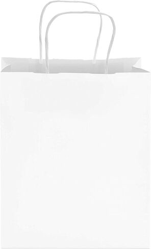 عبوة برايم لاين مقاس 8 × 4 × 10 صغيرة مكونة من 50 كيسًا ورقيًا أبيض بمقابض، وحقائب تسوق للأعمال الصغيرة، والتجزئة، والبوتيك، وحقائب هدايا للحفلات بالجملة in Kuwait