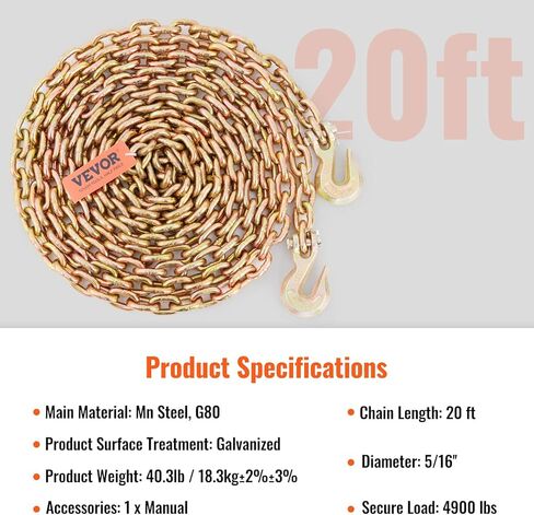 سلسلة ربط النقل VEVOR، سلسلة سحب مقاس 3/8 بوصة × 20 بوصة مع خطافات للإمساك، حمل عمل آمن بوزن 7100 رطل، سلسلة G80 للخدمة الشاقة، سلسلة تسجيل لنقل القطر، معدات تجليد مربوطة، عبوتان in Kuwait