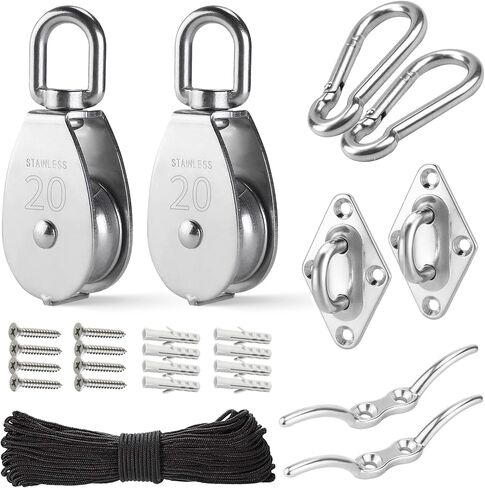 LAIWOO M25 Stainless Steel Pulley System Kit-Heavy-Duty Pulley Wheel, Pulley Block with Nylon Rope, Hooks, Eye Pad Plate, and Rope Cleat - Ideal for Lifting, DIY Projects, and Clothesline (2 Pack) in Saudi Arabia