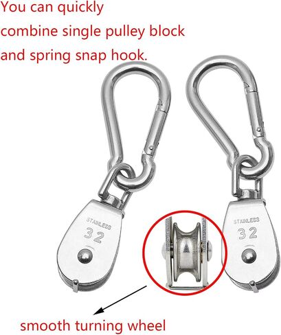 6Pcs 304 Stainless Steel M15 Single Pulley Block, Wire Rope Hanging Wire Towing Wheel, with 6Pcs Spring Snap Hook | 360° anti-twist swivel pulley. For lifting, towing & hanging wire rope on crane/outdoor. Has spring snap hooks for fast fit in Saudi Arabia