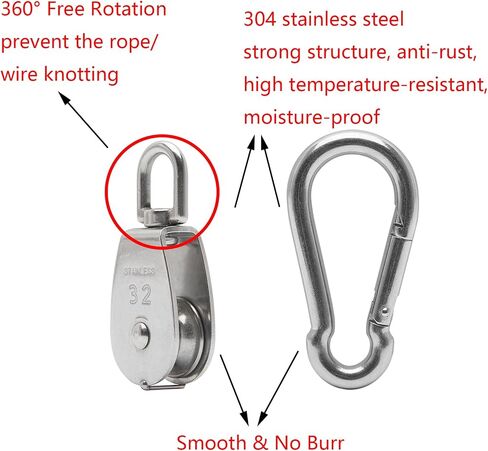 6Pcs 304 Stainless Steel M15 Single Pulley Block, Wire Rope Hanging Wire Towing Wheel, with 6Pcs Spring Snap Hook | 360° anti-twist swivel pulley. For lifting, towing & hanging wire rope on crane/outdoor. Has spring snap hooks for fast fit in Saudi Arabia