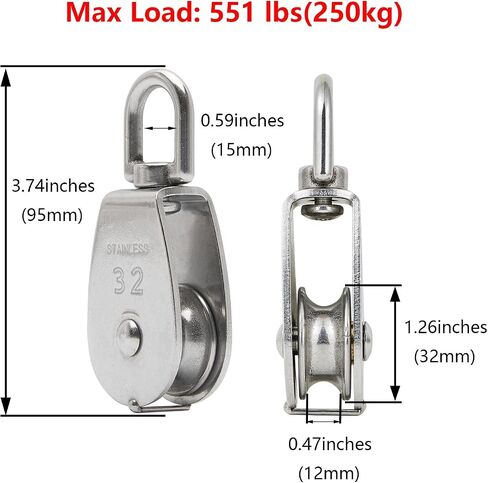 6Pcs 304 Stainless Steel M15 Single Pulley Block, Wire Rope Hanging Wire Towing Wheel, with 6Pcs Spring Snap Hook | 360° anti-twist swivel pulley. For lifting, towing & hanging wire rope on crane/outdoor. Has spring snap hooks for fast fit in Saudi Arabia