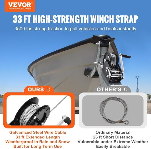 VEVOR Hand Crank Winch, 3500 lbs Steel Cable, Boat Trailer Winch Heavy Duty 33 ft Steel Wire Cable and Two-Way Ratchet, Manual Operated for Trailer, Boat or ATV Towing in Saudi Arabia