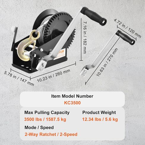 VEVOR Hand Crank Winch, 3500 lbs Steel Cable, Boat Trailer Winch Heavy Duty 33 ft Steel Wire Cable and Two-Way Ratchet, Manual Operated for Trailer, Boat or ATV Towing in Saudi Arabia