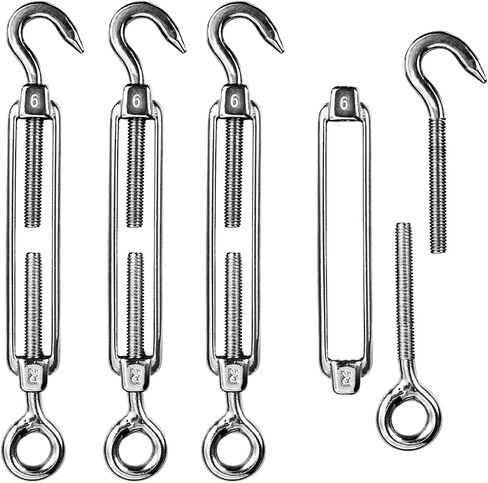 Turnbuckles Hook, Reedny 304 Stainless Steel Turnbuckle Heavy Duty M4 M6 M8 Hook and Eye Turnbuckle for Cables Wire Rope Tension 5/32" 1/4" 5/16" for Sun Shade Fence Tent Rope Installation(M6, 4Pcs) in Kuwait