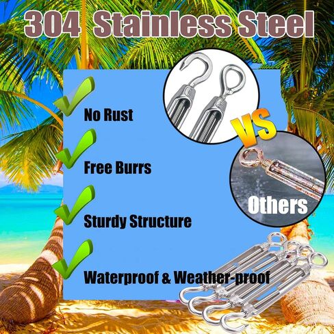 Turnbuckles Hook, Reedny 304 Stainless Steel Turnbuckle Heavy Duty M4 M6 M8 Hook and Eye Turnbuckle for Cables Wire Rope Tension 5/32" 1/4" 5/16" for Sun Shade Fence Tent Rope Installation(M6, 4Pcs) in Kuwait