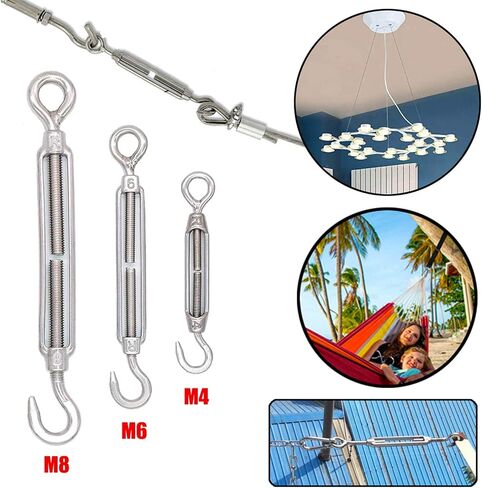 Turnbuckles Hook, Reedny 304 Stainless Steel Turnbuckle Heavy Duty M4 M6 M8 Hook and Eye Turnbuckle for Cables Wire Rope Tension 5/32" 1/4" 5/16" for Sun Shade Fence Tent Rope Installation(M6, 4Pcs) in Kuwait