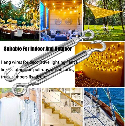Turnbuckles Hook, Reedny 304 Stainless Steel Turnbuckle Heavy Duty M4 M6 M8 Hook and Eye Turnbuckle for Cables Wire Rope Tension 5/32" 1/4" 5/16" for Sun Shade Fence Tent Rope Installation(M6, 4Pcs) in Kuwait