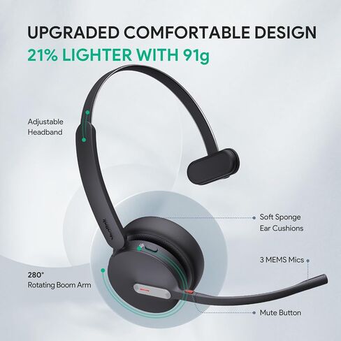 سماعة Bluetooth اللاسلكية Yealink BH70 Mono UC مع الميكروفون للعمل ، تصل إلى 35 ساعة من عمر البطارية ، إلغاء الضوضاء 3-Mic ، وسماعات عمل خفيفة الوزن 91G للمكتب المفتوح ، USB-C إلى A (متجدد) in Saudi Arabia