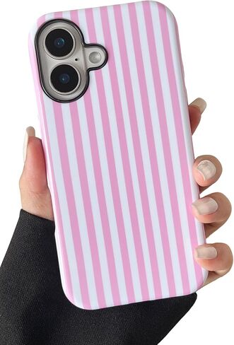 Longlayss متوافق مع حافظة iPhone 16 Plus، حافظة هاتف مخططة جمالية لطيفة للنساء والفتيات، غطاء واقٍ نحيف مقاوم للصدمات من مادة TPU والكمبيوتر الصلب (وردي فاقع) in Kuwait