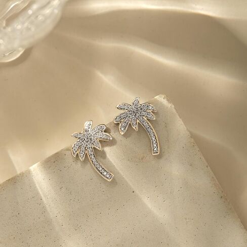 أقراط مرصعة بشجرة النخيل مرصعة بالألماس 1/20 قيراط للنساء من الذهب الأصفر عيار 18 قيراطًا 1 ميكرون، أو صفيحة من الذهب الوردي عيار 18 قيراطًا 1 ميكرون أو الفضة الاسترليني 925، أقراط نسائية مرصعة بأشجار النخيل والألماس المستدير in Kuwait