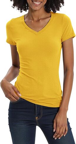 Urban CoCo Women's Basic Slim Fitted Tee Tops Short Sleeve Stretchy Bodycon V-Neck Tight T-Shirt in Saudi Arabia
