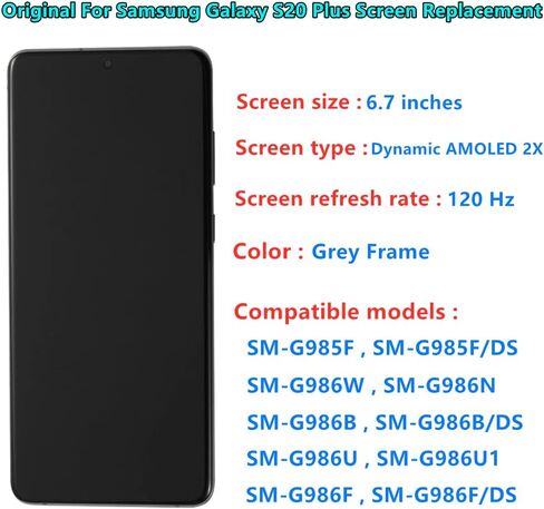 شاشة AMOLED الأصلية 6.7 بوصة لـ Samsung Galaxy S20 Plus Screen OEM S20Plus 5G SM-G986U SM-G986U1 DISTRION TOUCH SCREEN DIGITBLY (مع إطار أسود+لاصق الغطاء الخلفي+أدوات) in Kuwait