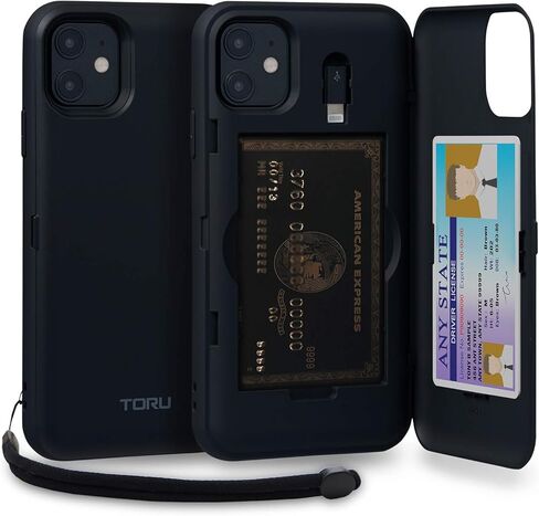 TORU CX PRO for iPhone 11 Case Wallet | Protective Shockproof Heavy Duty Cover with Hidden Card Holder & Card Slot |Wrist Strap, Lightning Adapter Mirror Included - Black in Kuwait
