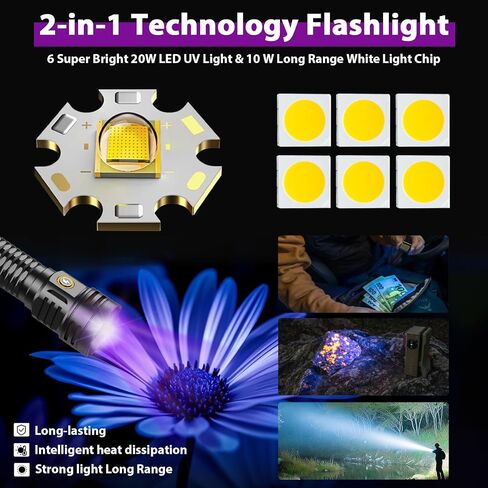 2-in-1 365nm UV Flashlight & High Lumens LED Flashlight, 7 Modes Rechargeable, 18H Runtime, IPX5 Waterproof Black Light for Pet Urine Detection, Curing Resin, Outdoor Emergencies, Scorpion Hunting in Saudi Arabia