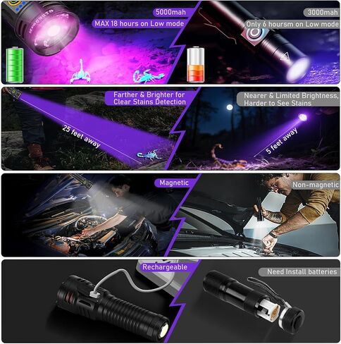 2-in-1 365nm UV Flashlight & High Lumens LED Flashlight, 7 Modes Rechargeable, 18H Runtime, IPX5 Waterproof Black Light for Pet Urine Detection, Curing Resin, Outdoor Emergencies, Scorpion Hunting in Saudi Arabia