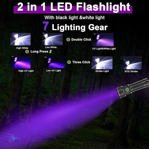 2-in-1 365nm UV Flashlight & High Lumens LED Flashlight, 7 Modes Rechargeable, 18H Runtime, IPX5 Waterproof Black Light for Pet Urine Detection, Curing Resin, Outdoor Emergencies, Scorpion Hunting in Saudi Arabia