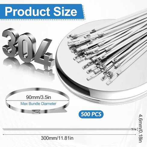 500 PCS ZIP ZIP RIACHS 11.8 بوصة ثقيلة 304 روابط سحاب من الفولاذ المقاوم للصدأ قفل ذاتي 220 رطل كابل قوة الشد لخارجية المظلة في الهواء الطلق رابط ربط سور العادم in Kuwait