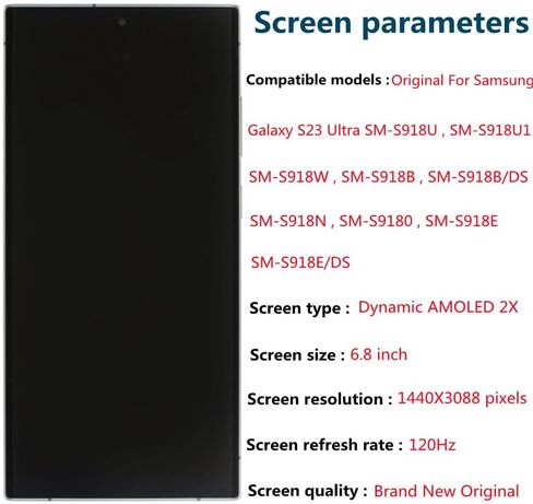 6.8 "AMOLED Original لـ Samsung Galaxy S23 Ultra Display Disposit Digitizer Assembly S23ULTRA 5G S918U S918B/DS S918U1 S918W S918E استبدال شاشة شاشة LCD (مع إطار اللافندر +الغطاء الخلفي +أدوات) in Kuwait