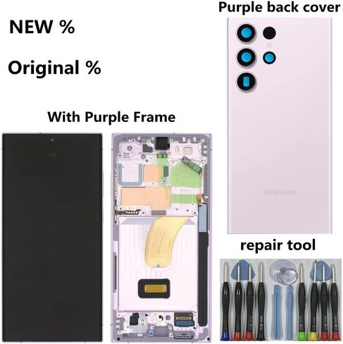 6.8 "AMOLED Original لـ Samsung Galaxy S23 Ultra Display Disposit Digitizer Assembly S23ULTRA 5G S918U S918B/DS S918U1 S918W S918E استبدال شاشة شاشة LCD (مع إطار اللافندر +الغطاء الخلفي +أدوات) in Kuwait