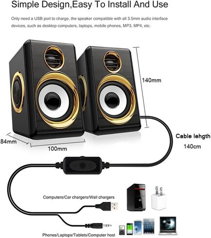 Computer Speakers for Desktop, 1 Pair USB+AUX Wired Computer Speakers Bass Reinforcement 4 Diaphragm for Laptop Desktop 8W High Power Loudspeaker(A) in Saudi Arabia