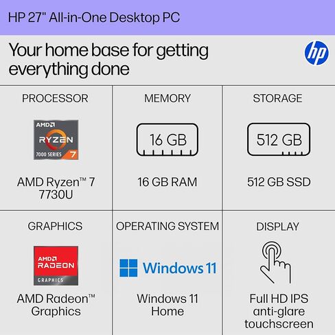 HP 27 بوصة للكمبيوتر المكتبي الكل في واحد ، شاشة لمس FHD ، AMD Ryzen 7 7730U ، ذاكرة وصول عشوائي 16 جيجابايت ، 512 جيجابايت SSD ، AMD Radeon Graphics ، Windows 11 Home ، Shell White ، 27- CR0260 (2025) in Saudi Arabia