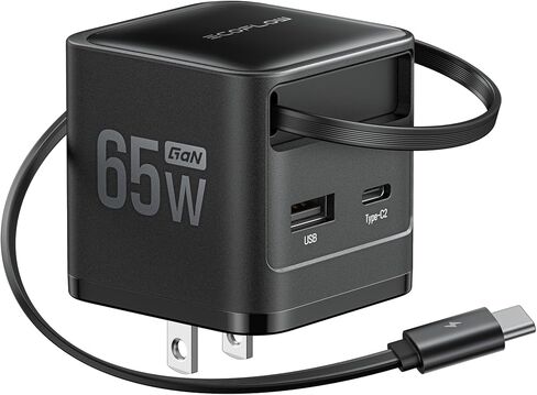 EF ecoflow 65W USB C Charger مع كابل قابل للسحب ، شاحن هاتف 3 في 1 مع كبل C Cable ، شاحن سريع ثنائي المنفذ متوافق مع iPhone 16 Pro Max ، iPad Pro/Air ، Galaxy S25 ، Steam Deck (أسود) in Kuwait