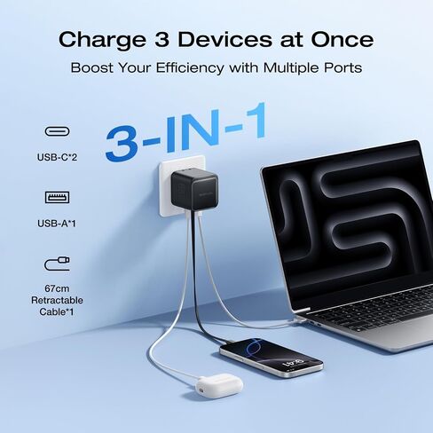 EF ecoflow 65W USB C Charger مع كابل قابل للسحب ، شاحن هاتف 3 في 1 مع كبل C Cable ، شاحن سريع ثنائي المنفذ متوافق مع iPhone 16 Pro Max ، iPad Pro/Air ، Galaxy S25 ، Steam Deck (أسود) in Kuwait