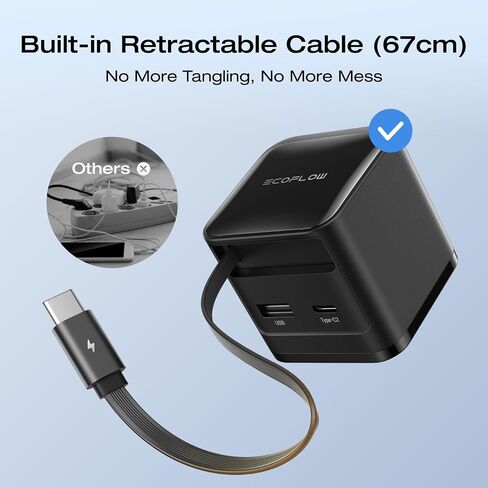 EF ecoflow 65W USB C Charger مع كابل قابل للسحب ، شاحن هاتف 3 في 1 مع كبل C Cable ، شاحن سريع ثنائي المنفذ متوافق مع iPhone 16 Pro Max ، iPad Pro/Air ، Galaxy S25 ، Steam Deck (أسود) in Kuwait